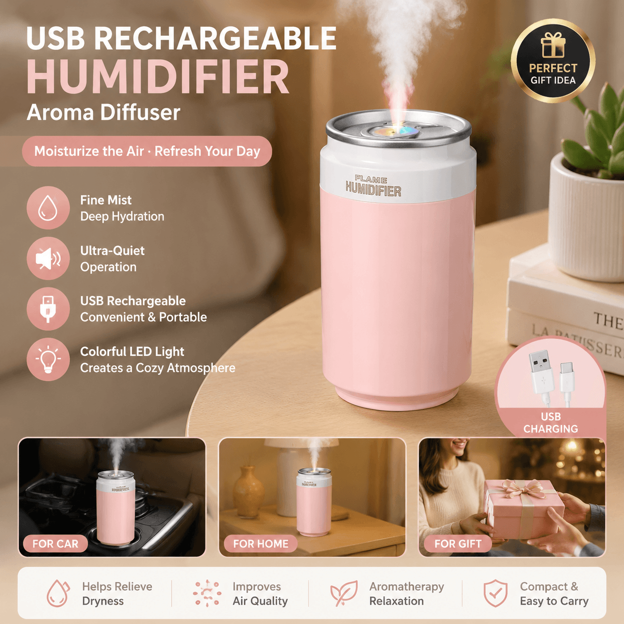 Pink USB Rechargeable Humidifier Aroma Diffuser Mini Can Mist Maker Portable