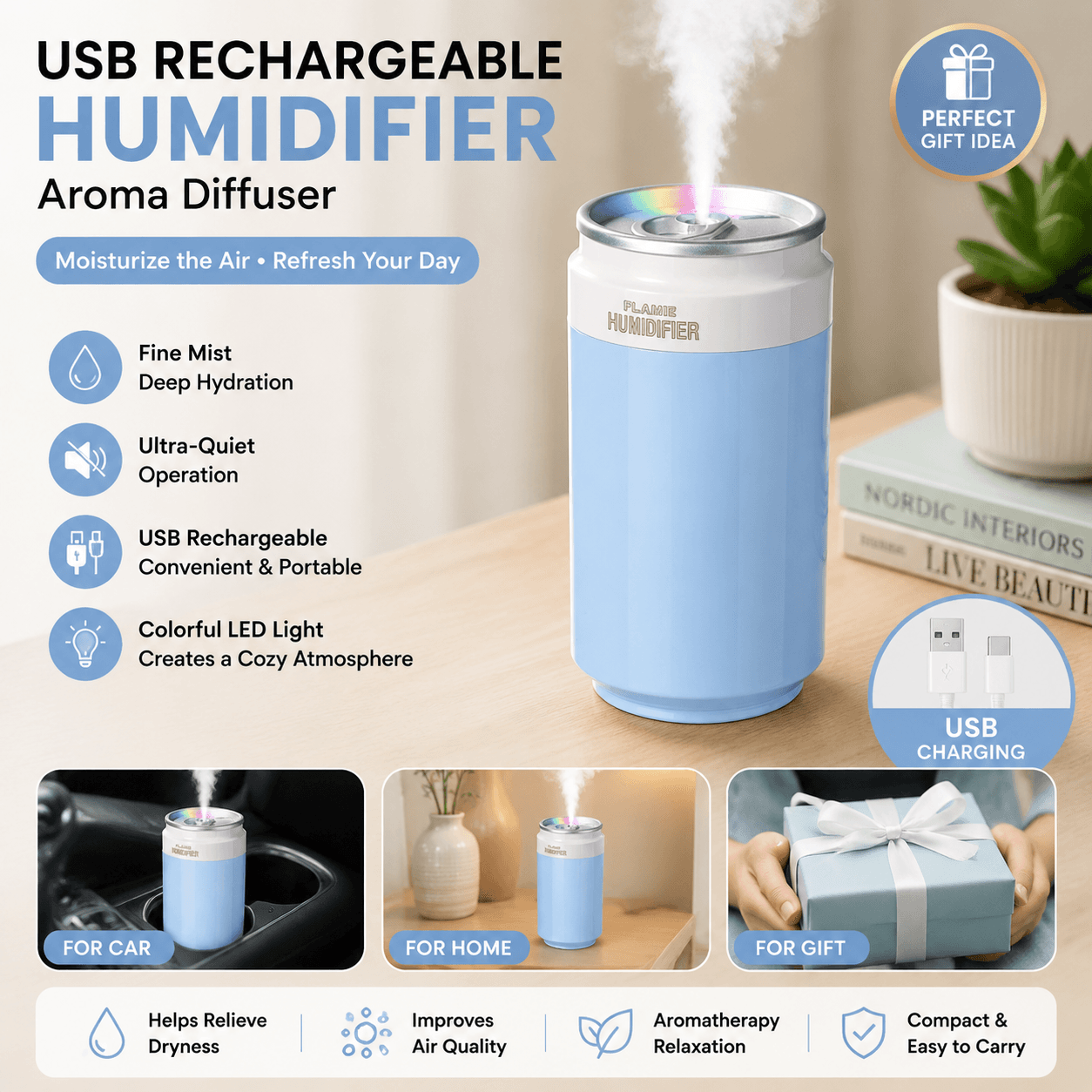 Blue USB Rechargeable Humidifier Aroma Diffuser Mini Can Mist Maker Portable