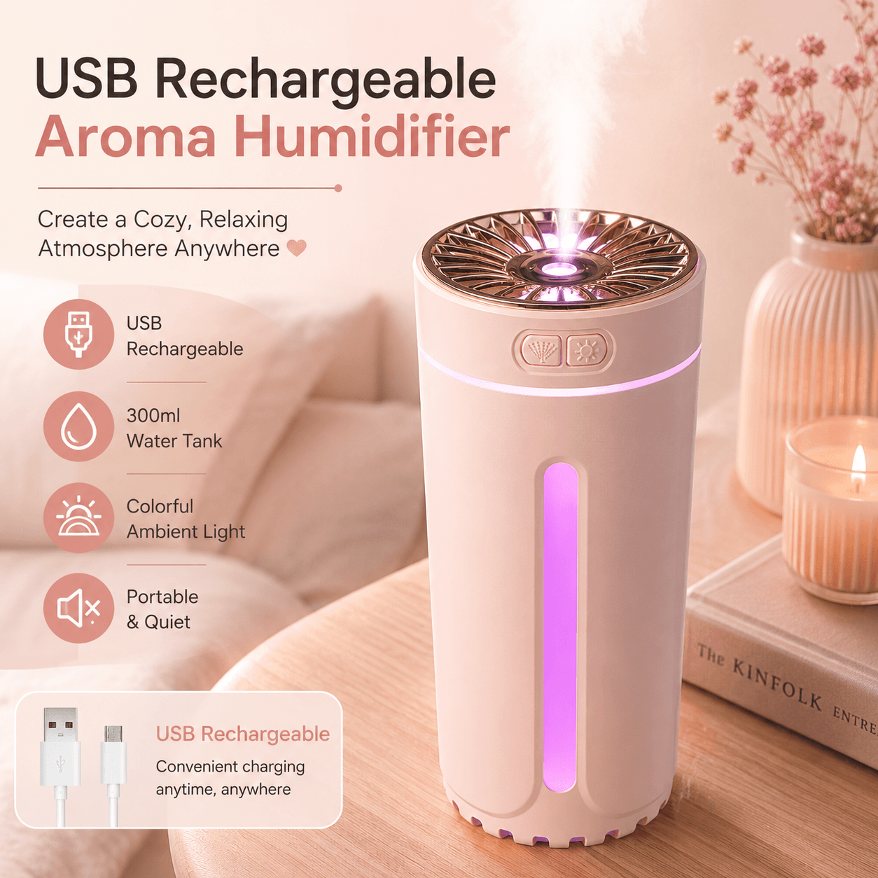Pink USB Rechargeable Car Aroma Diffuser Humidifier with Ambient Light, 300