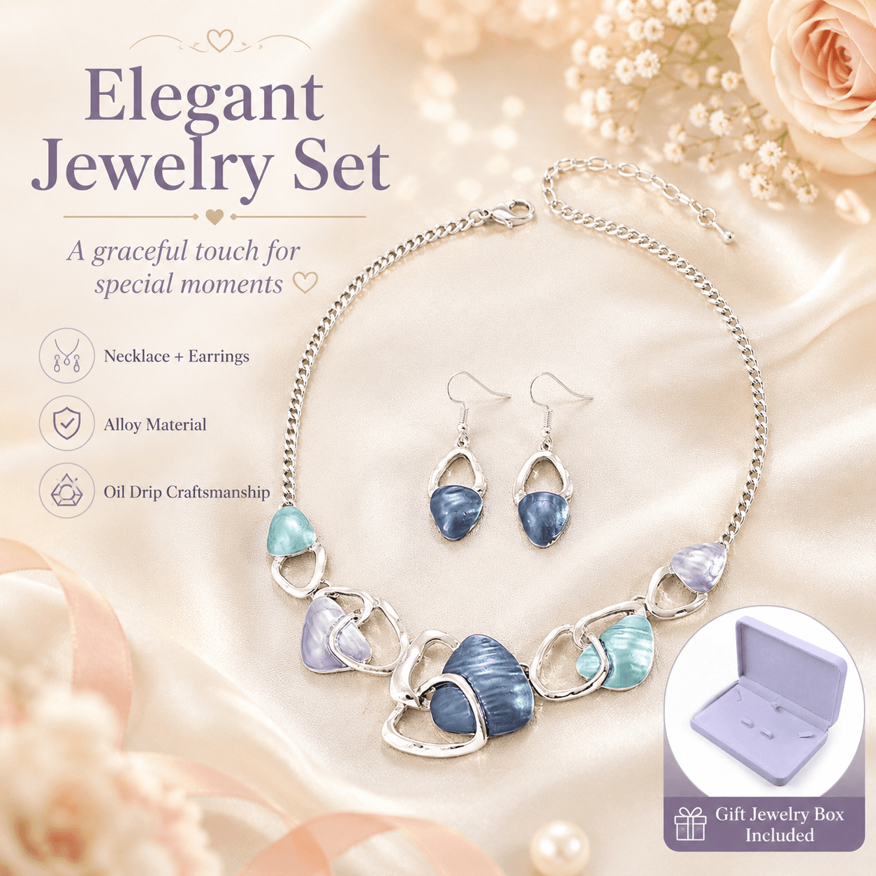 Blue Oil Drip Necklace and Earrings Set for Women, Irregular Design Alloy