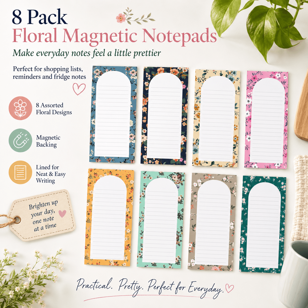 8 Pack Floral Magnetic Notepads for Fridge, Shopping List Planner Memo Pads