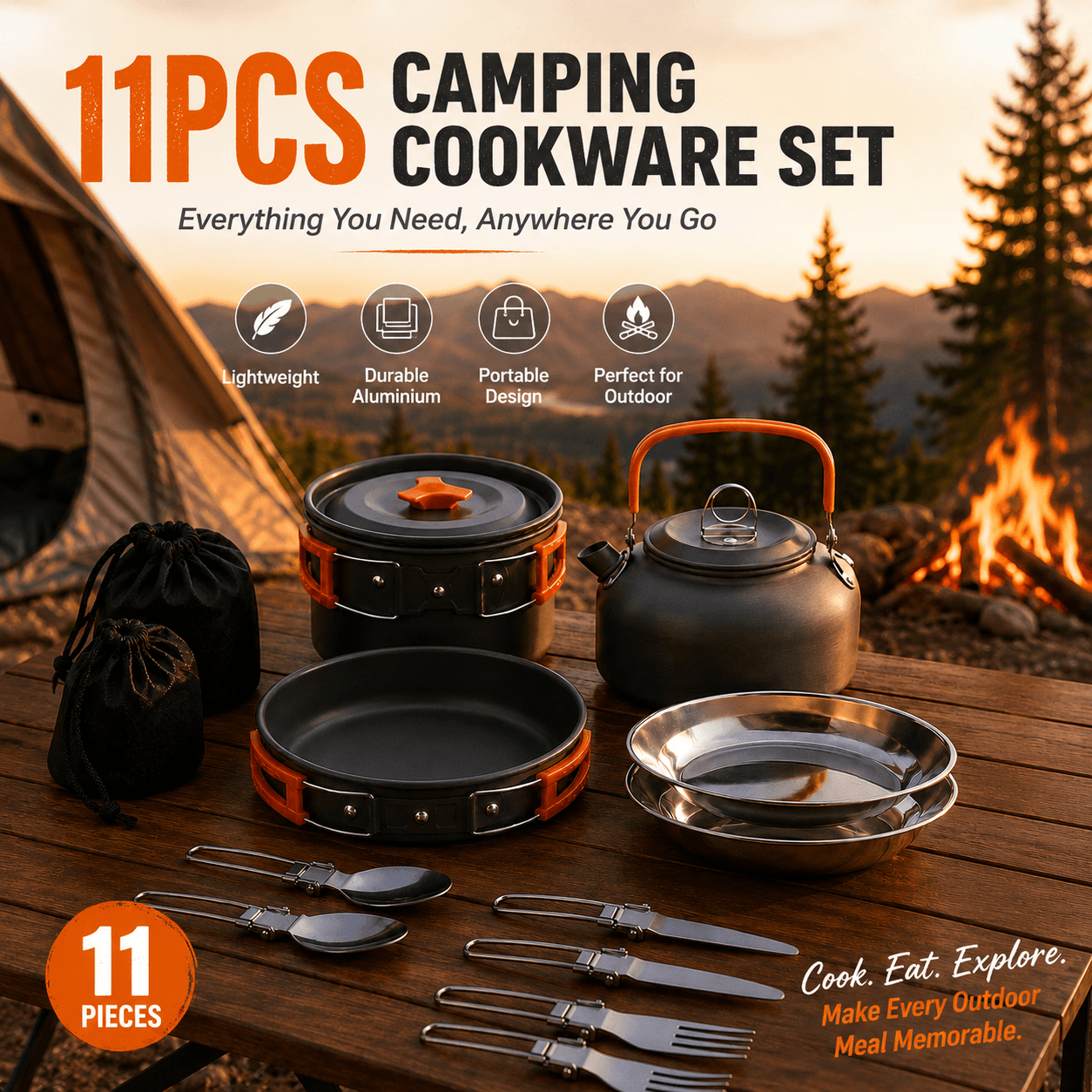 11-Piece Orange Camping Cookware Set - Lightweight Aluminium Camping Pots