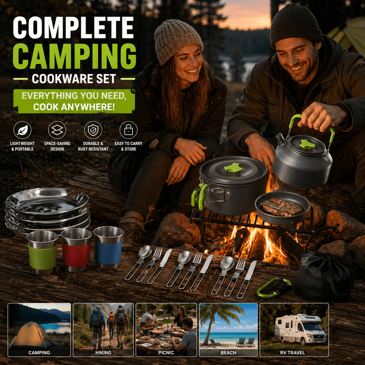 Green Camping Cookware Set for 2-3 People - Portable Outdoor Cooking Pot
