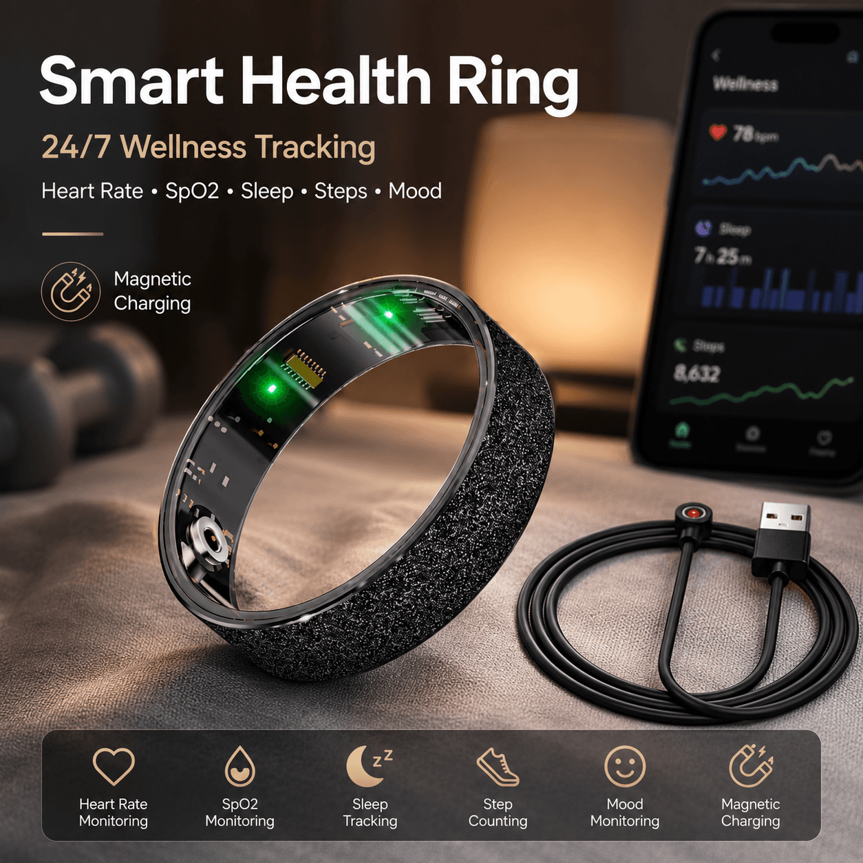 Smart Ring Size 8 (Black) - Frosted Black Wellness Tracker with Heart Rate