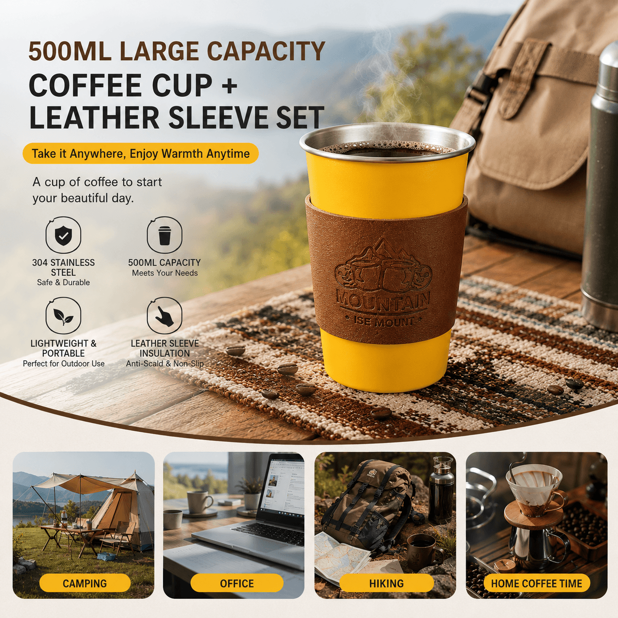Yellow 304 Stainless Steel Camping Coffee Cup with Leather Sleeve - 500 ml