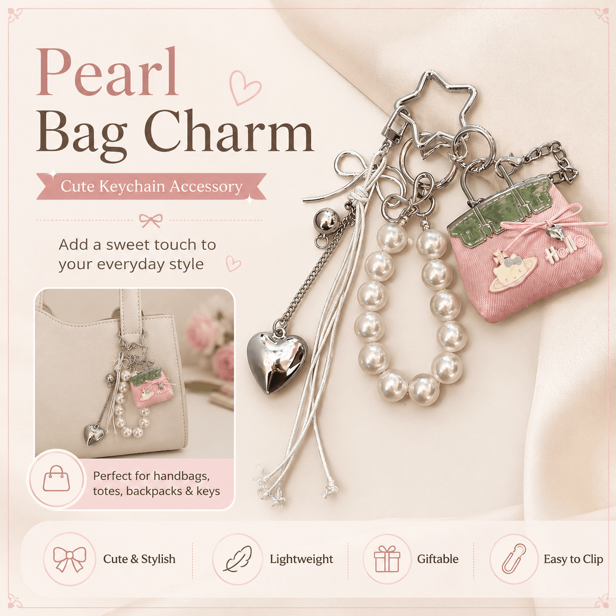 Pink Mini PU Leather Bag Charm Keychain with Pearl Bow Pendant Handbag