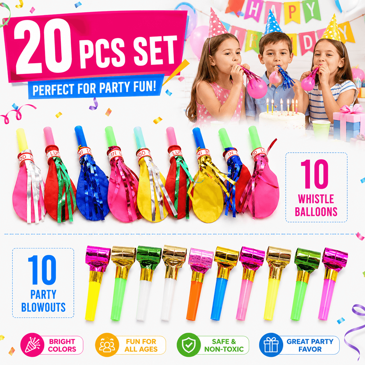 20 Piece Party Whistle and Blowout Set - 10 Whistle Balloons and 10 Party