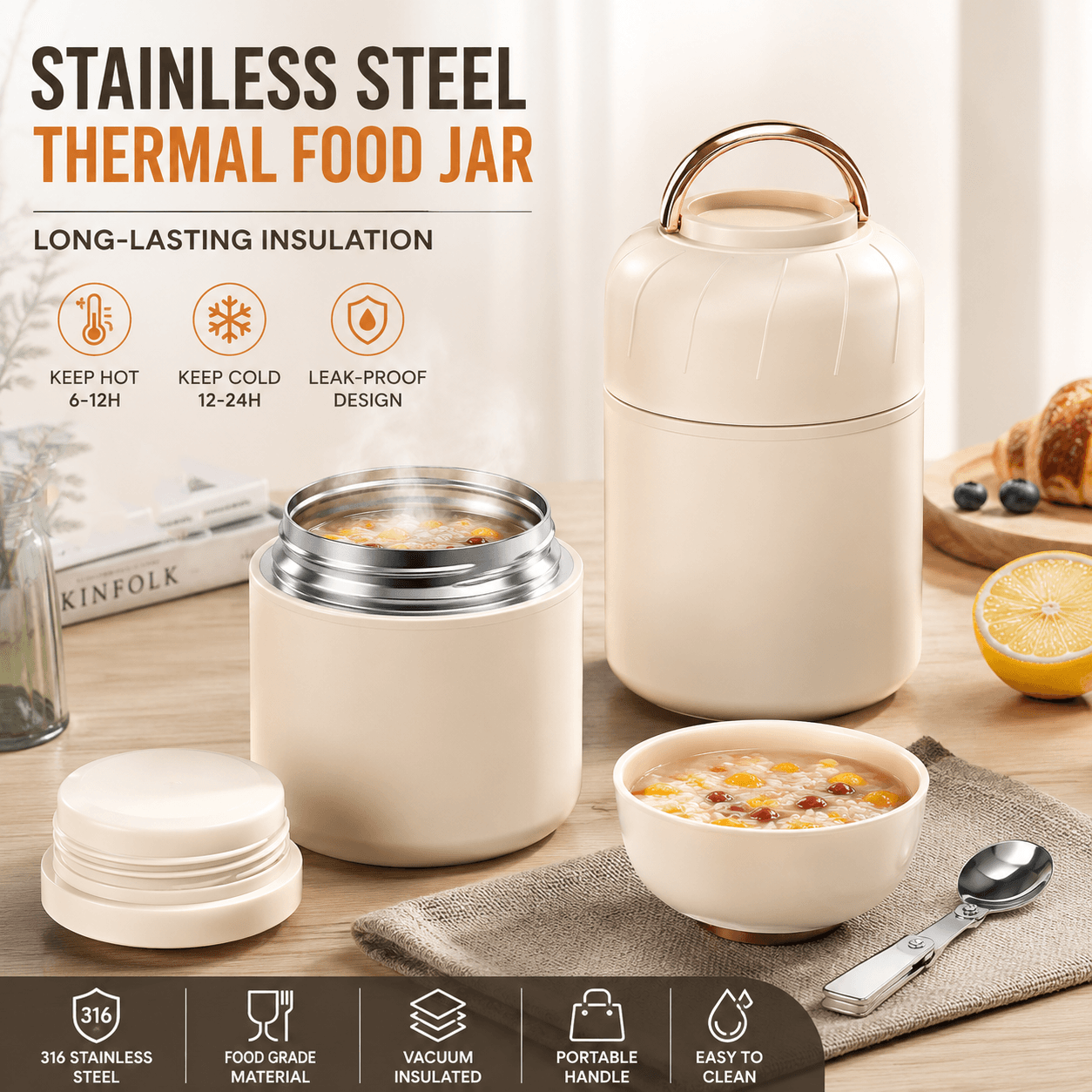 White 500 ml Thermal Food Jar with Spoon Portable Insulated Lunch Container