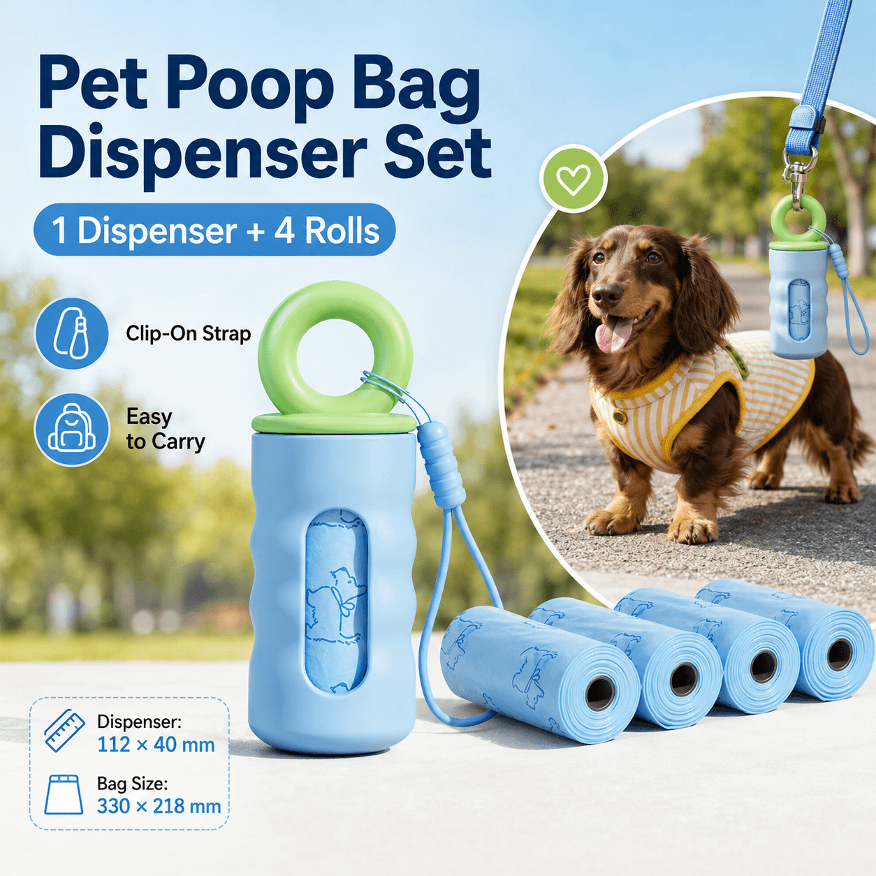 Blue Pet Poop Bag Dispenser with 4 Waste Bag Rolls Portable Dog Waste Bag