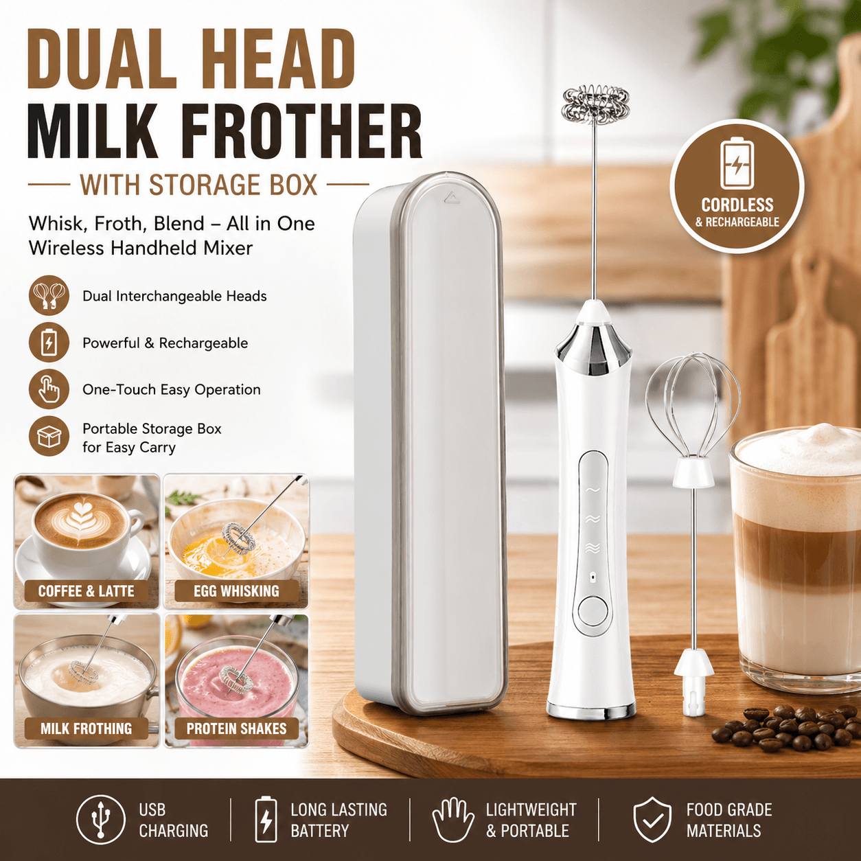 White 2 in 1 Handheld Electric Milk Frother and Egg Whisk with Storage Case