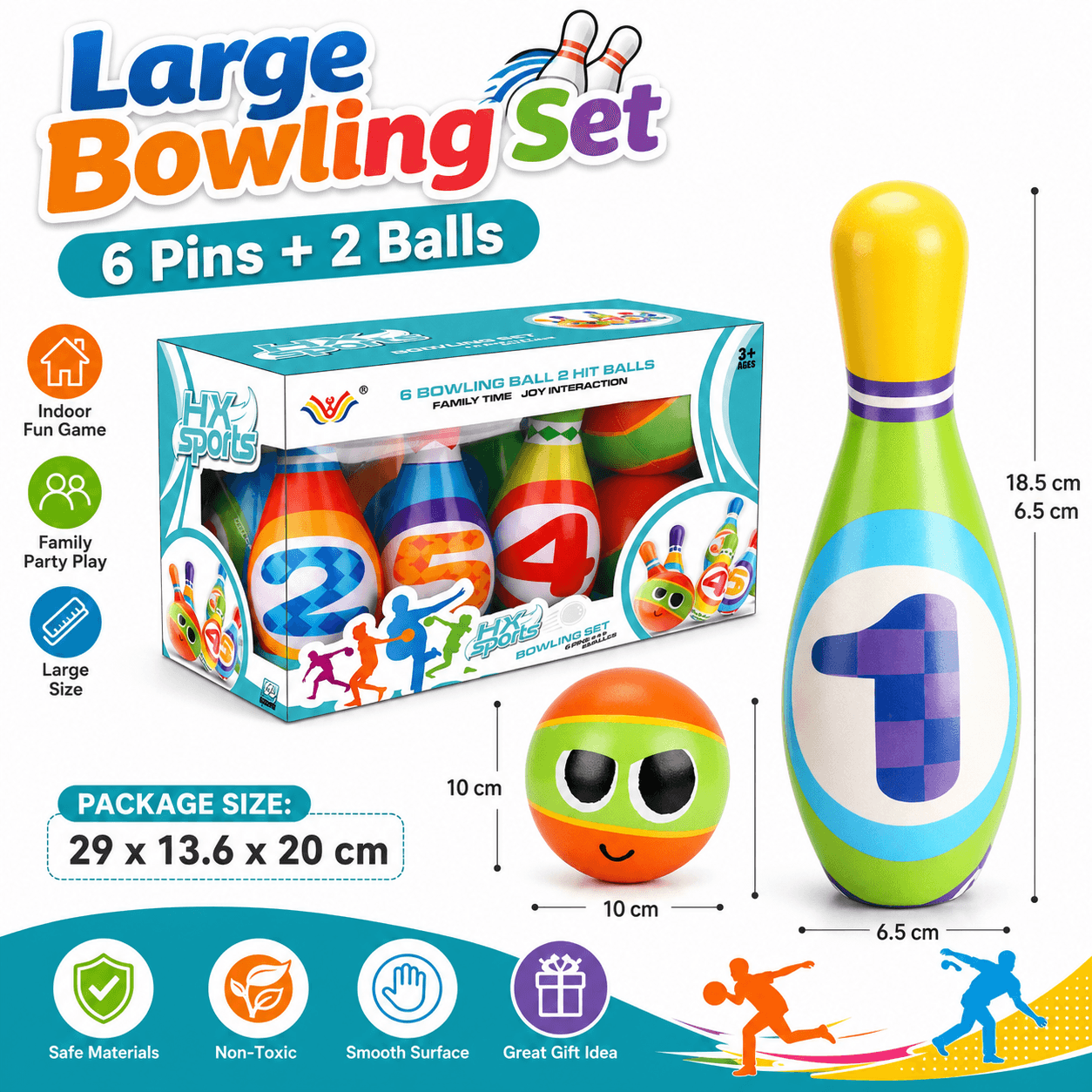 Large Bowling Set 6 Pins 2 Balls Indoor Outdoor Family Party Game Oversized