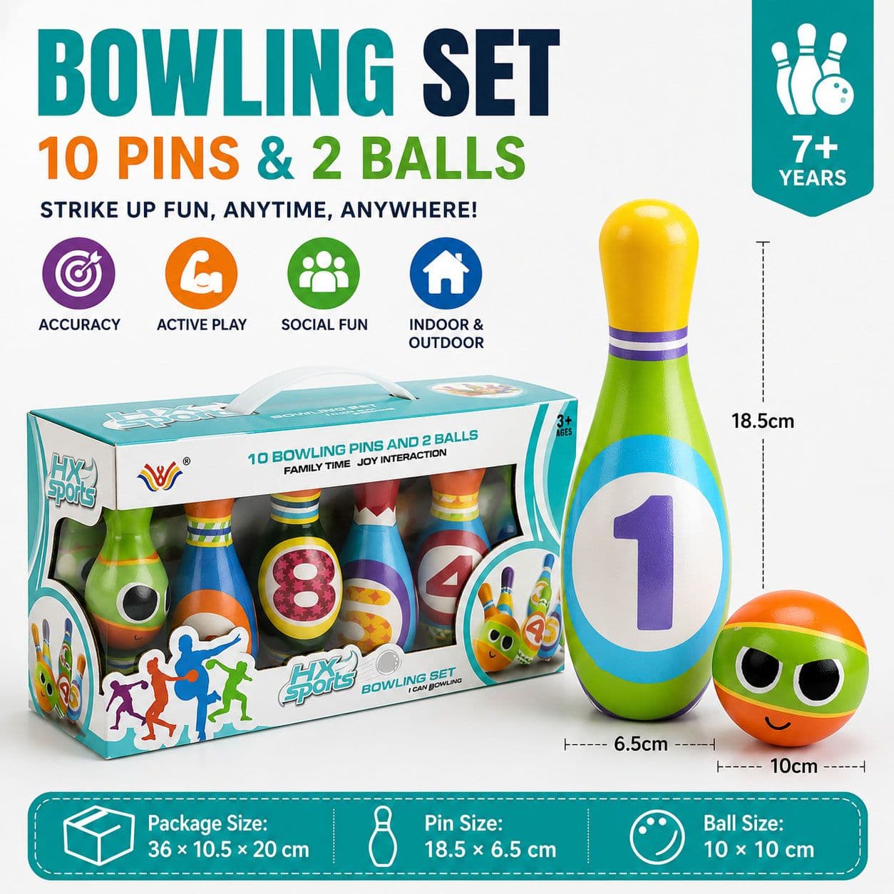 Large Bowling Set 10 Pins 2 Balls Indoor Outdoor Family - Large Extra Large