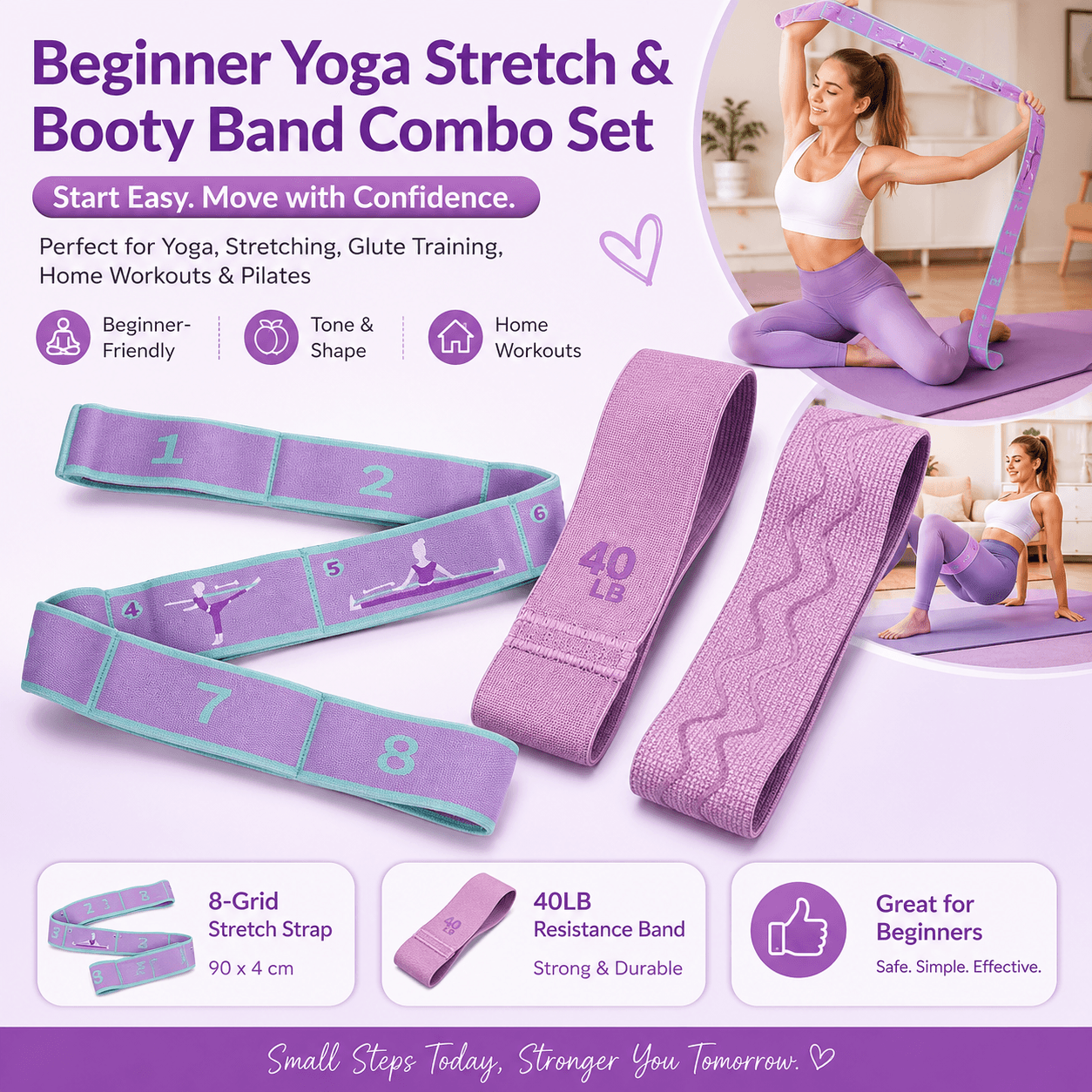 8 Grid Yoga Stretching Strap and 40LB Resistance Band Set for Pilates