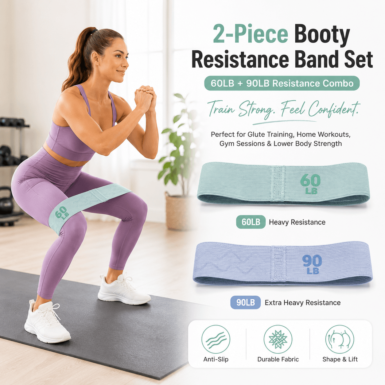60LB and 90LB Resistance Band Set for Glute Training Pilates Workout Fabric