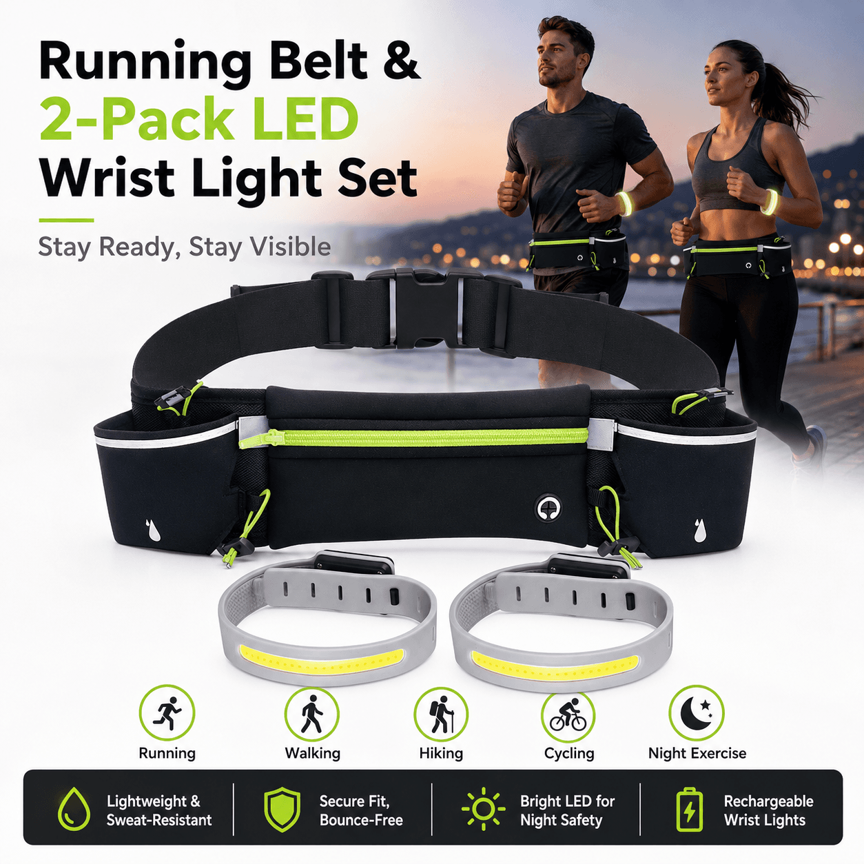 Green Running Belt and 2 Pack LED Wrist Light Set Outdoor - Green Holder