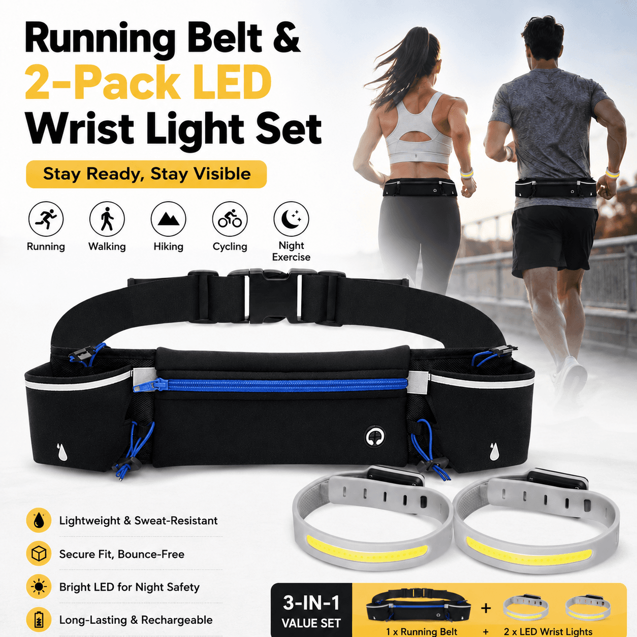 Blue Running Belt and 2 Pack LED Wrist Light Set Outdoor - Blue Holder