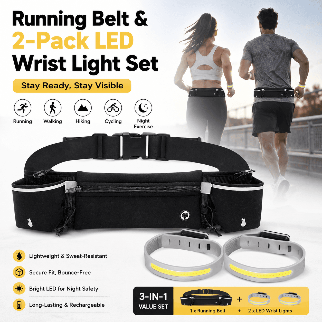 Black Running Belt and 2 Pack LED Wrist Light Set Outdoor - Black Holder