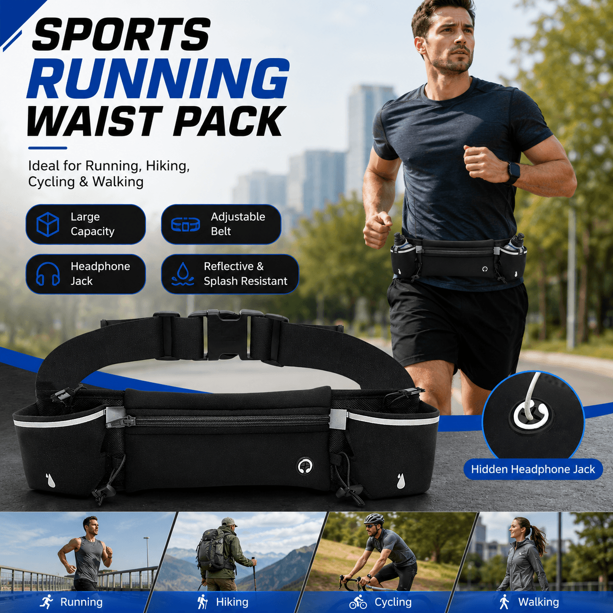 Black Running Waist Pack Sports Belt with Water Bottle Holder Adjustable