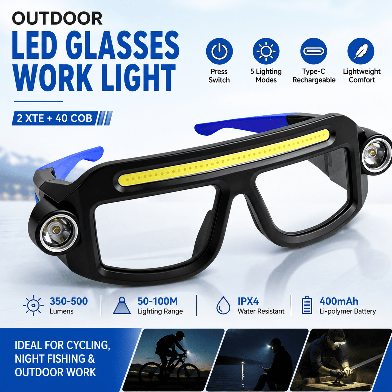 Rechargeable LED Glasses Light Blue Outdoor Headlamp with 5 Lighting Modes