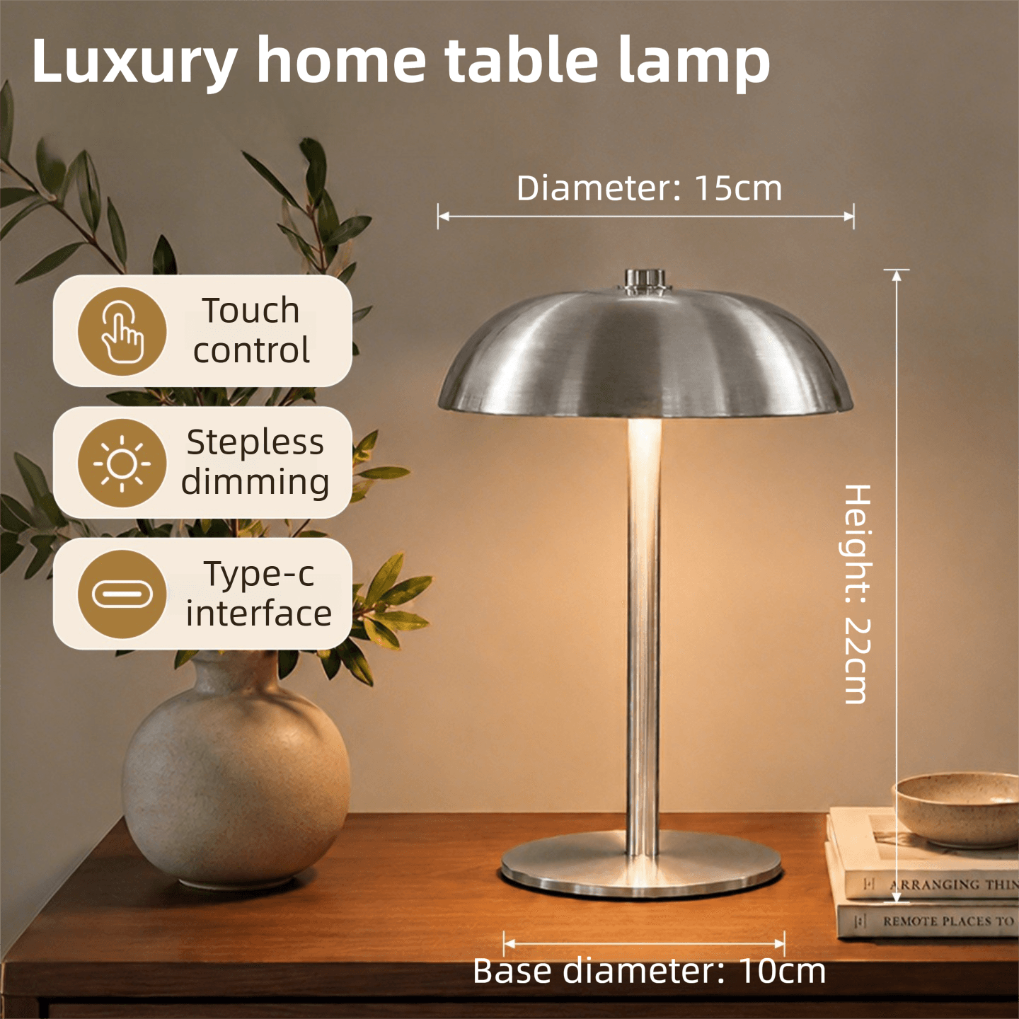 Silver Metal Mushroom Table Lamp with Top Touch Control, 3 Colour Mode