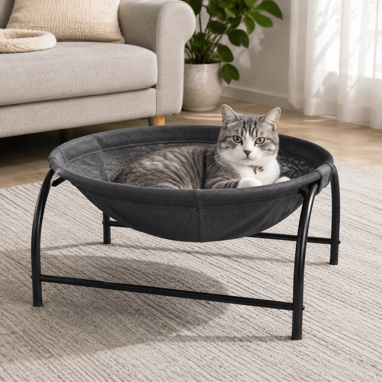 Dark Grey Elevated Cat Hammock Bed - 45 × 42 × 23 cm Reinforced Iron Frame