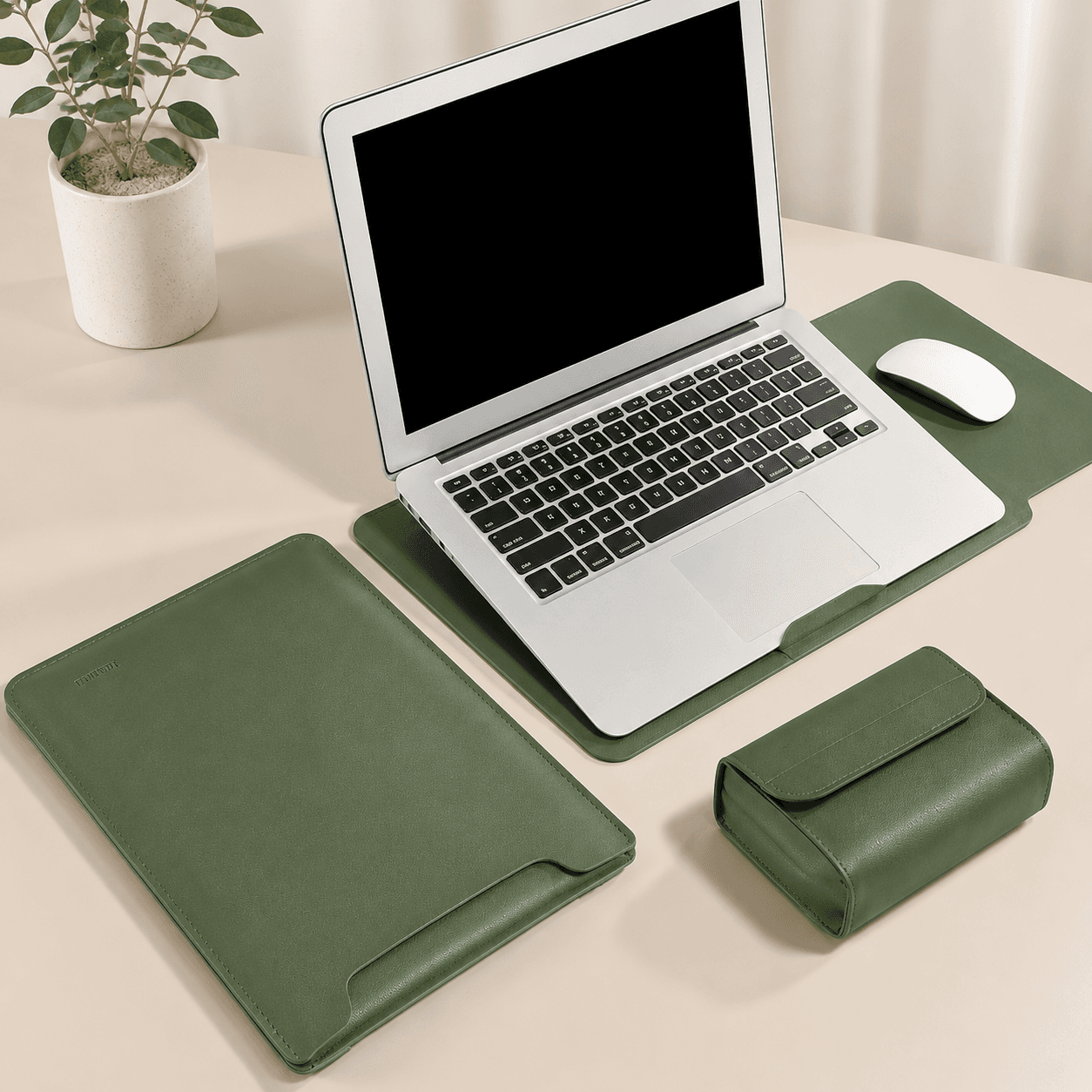 4 in 1 Green Soft PU Leather Laptop Sleeve - Green for 12/13.3inch