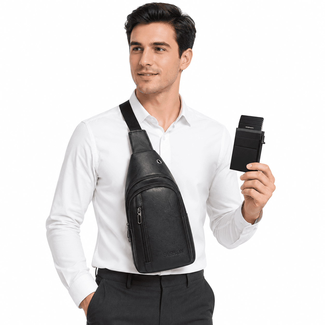 Office Commuter Business Set-Black Men's PU Leather Chest Bag and Black RFID