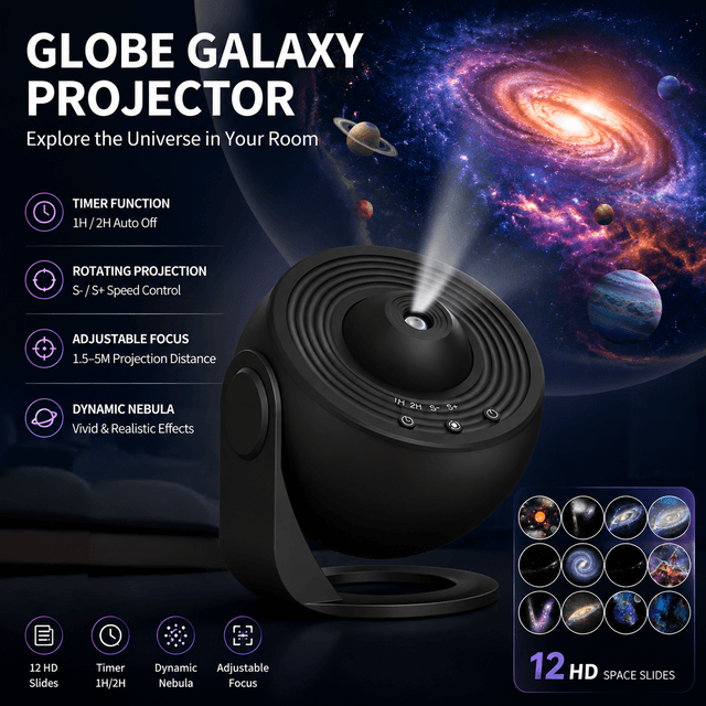 Black USB Powered Galaxy Star Projector and Earth Globe Night Light with 12