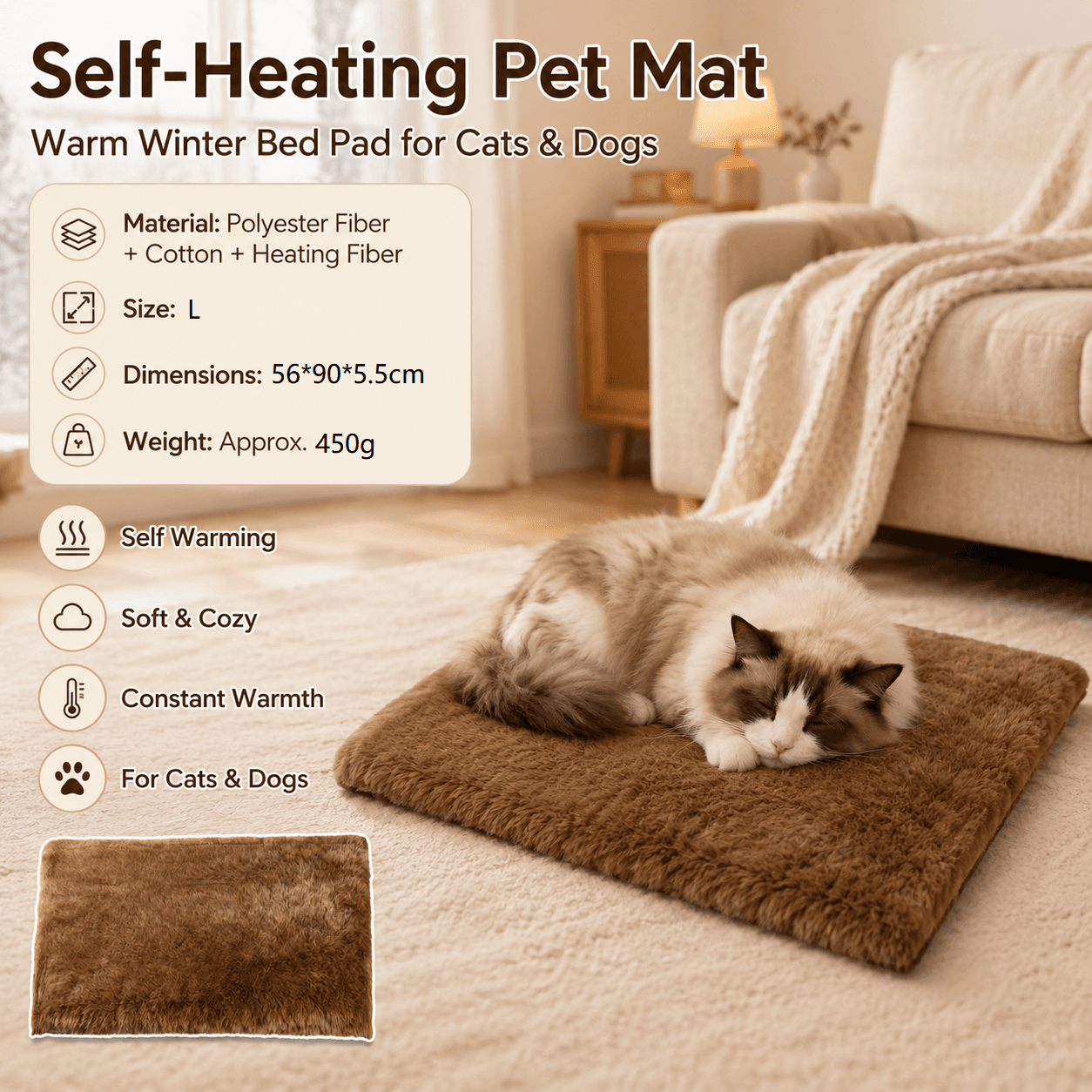 Brown L Size 56 × 90 cm Self Heating Pet Mat - Soft Plush Non-Slip Thermal