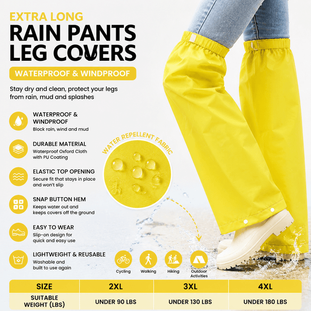 Yellow Waterproof Rain Leg Covers and Long Half Rain Pants - 1-Pair 4XL