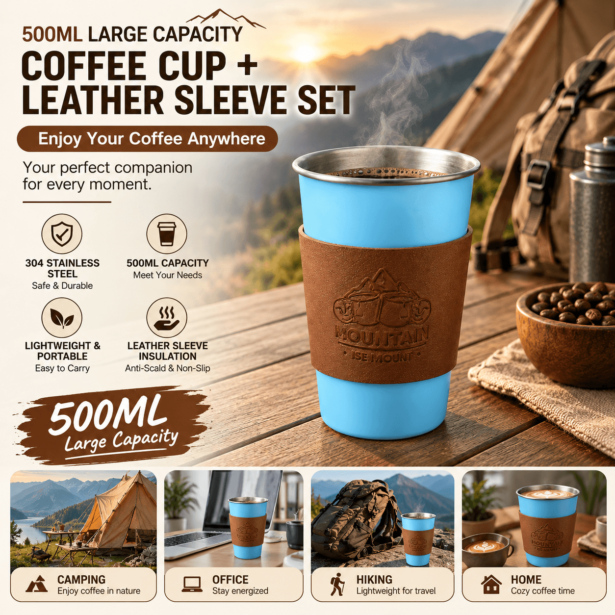 Blue 304 Stainless Steel Camping Coffee Cup with Leather Sleeve - 500 ml