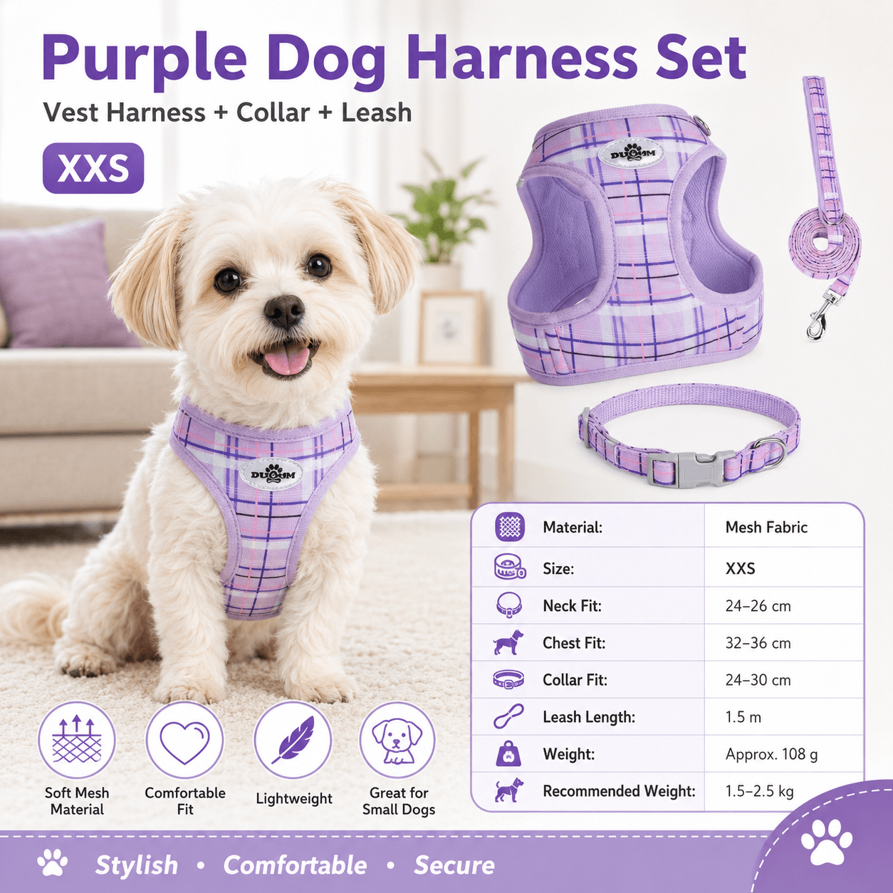 XXS Size Purple Classic Plaid Dog Harness Set- Breathable Mesh Vest