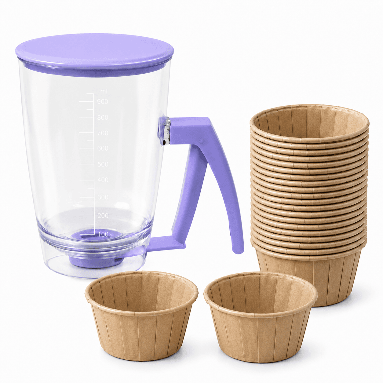 Handheld Batter Dispenser - 900 ml with 50 Brown Cupcake Liners - Purple