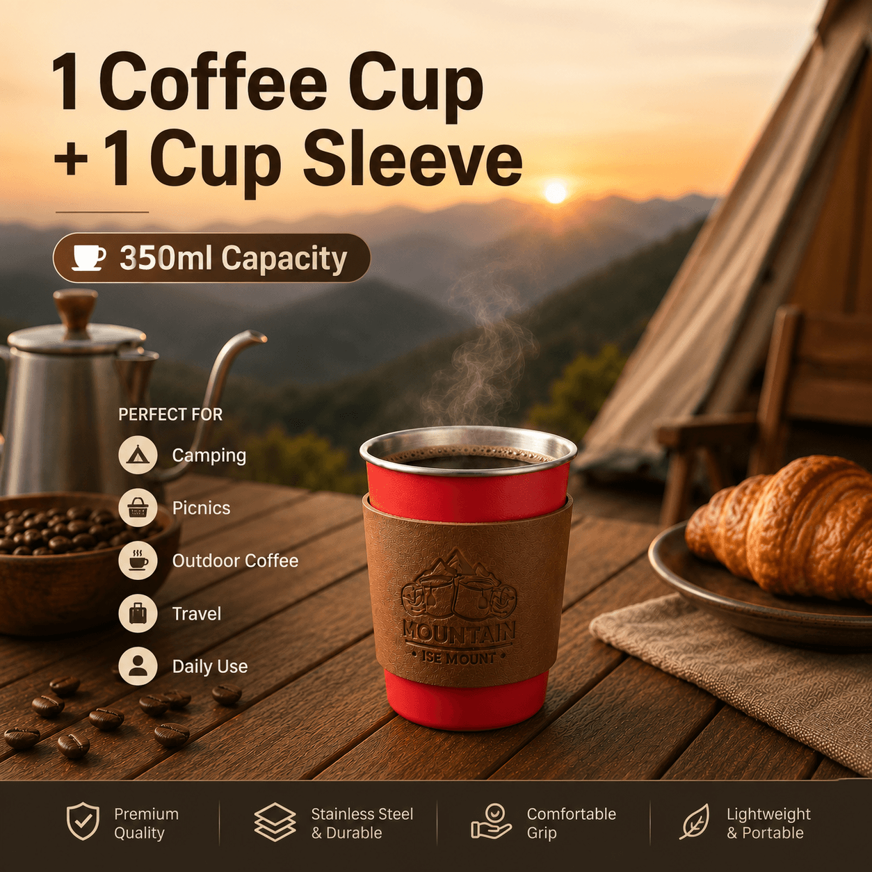 Red 304 Stainless Steel Camping Coffee Cup with Leather Sleeve - 350 ml