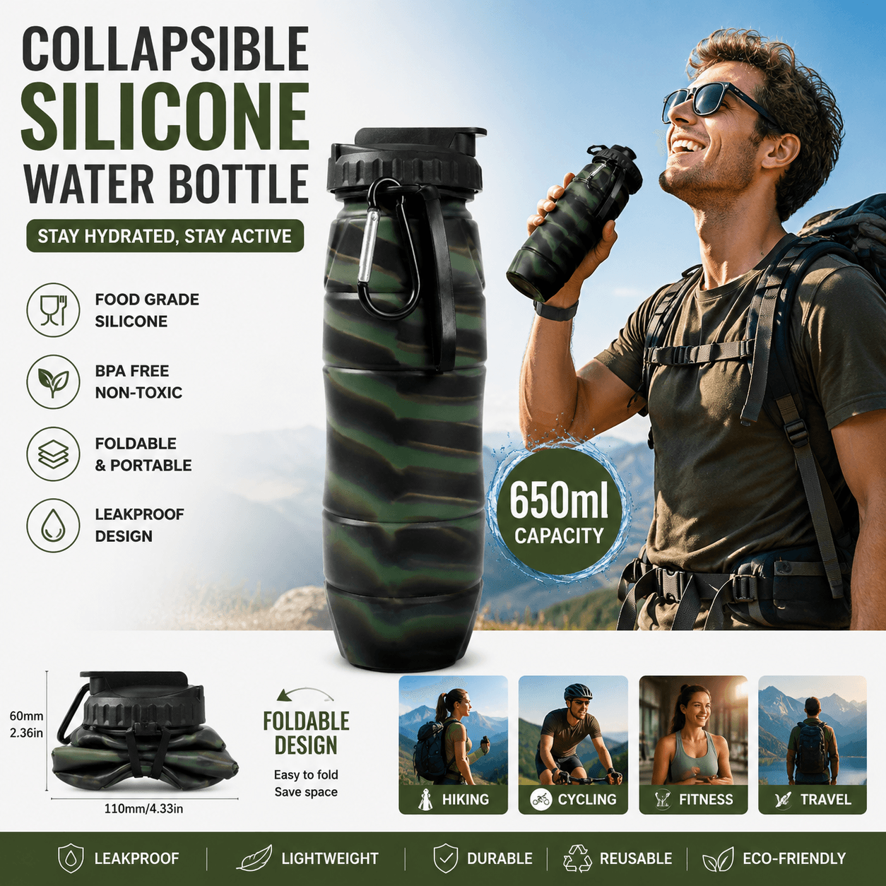 Camouflage green Collapsible Silicone Water Bottle - 650 ml Foldable Travel