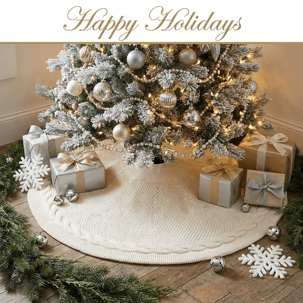 Knitted Christmas Tree Skirt 48 Inch White Round Tree Base Cover with Cable