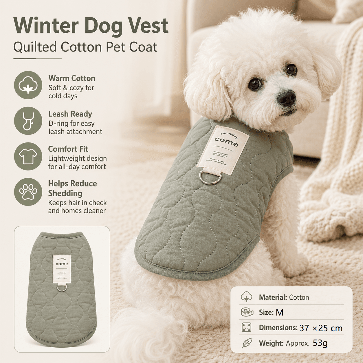 Green M Size 37 × 50 cm Fleece-lined thickened dog vest - Cotton Fleece