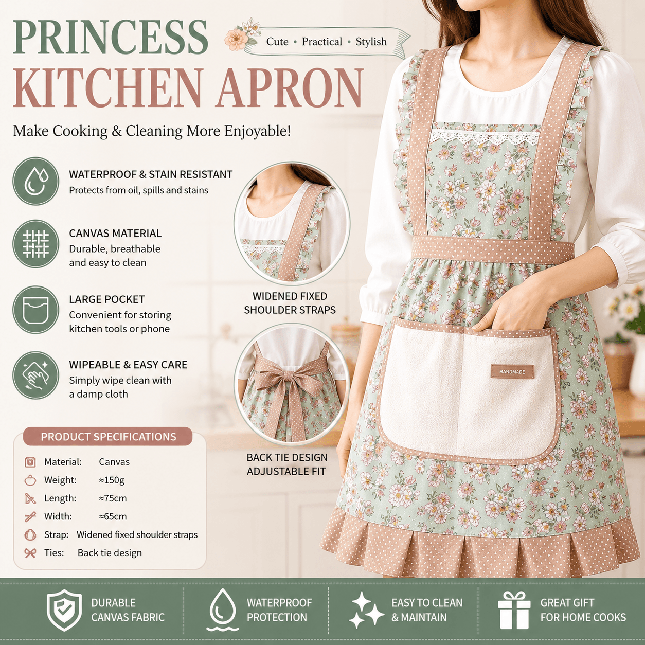 Floral Canvas Green Kitchen Apron - Waterproof Oil-Resistant with Hand-Wipe