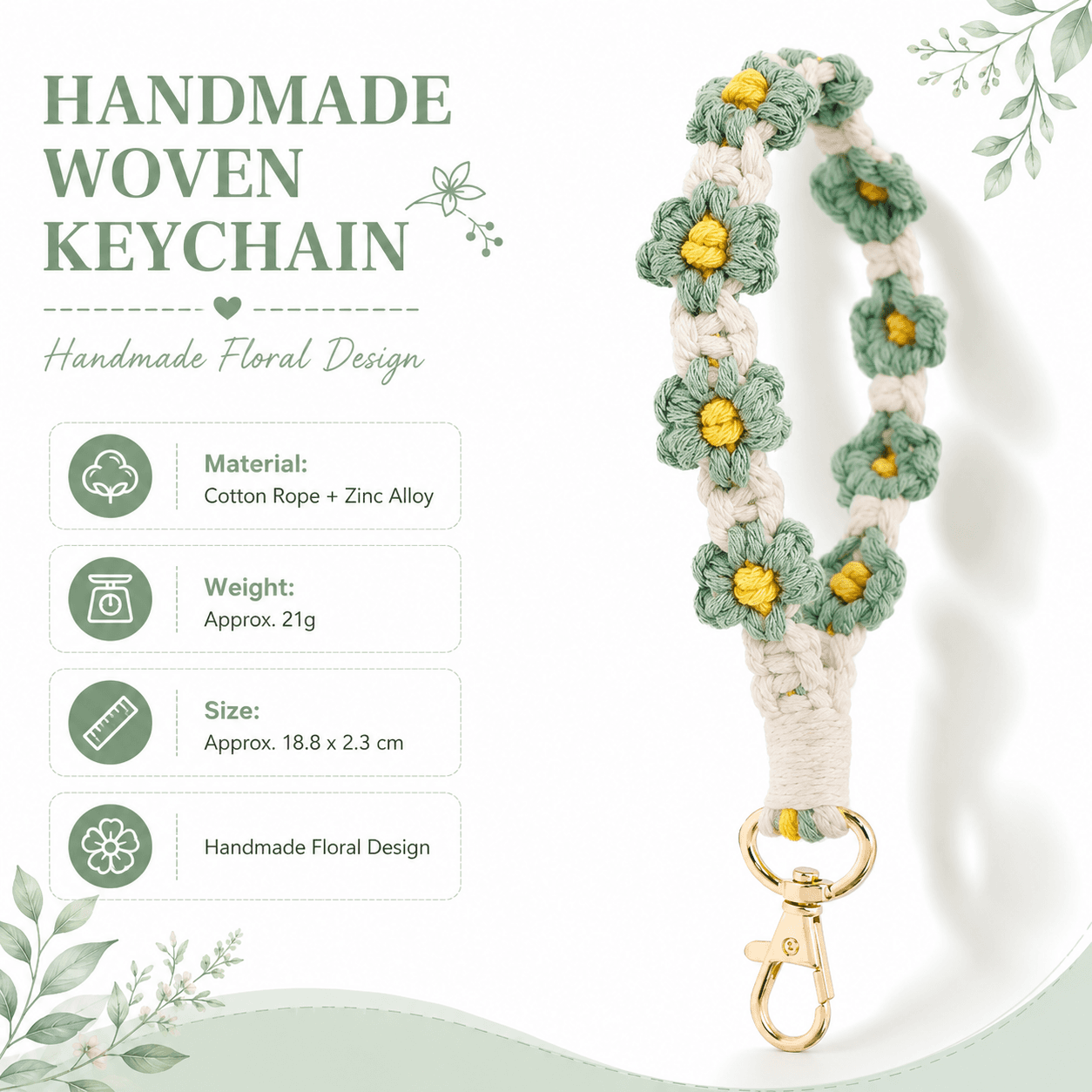 Green Boho Daisy Handmade Braided Wrist Strap Keychain - Floral Crochet