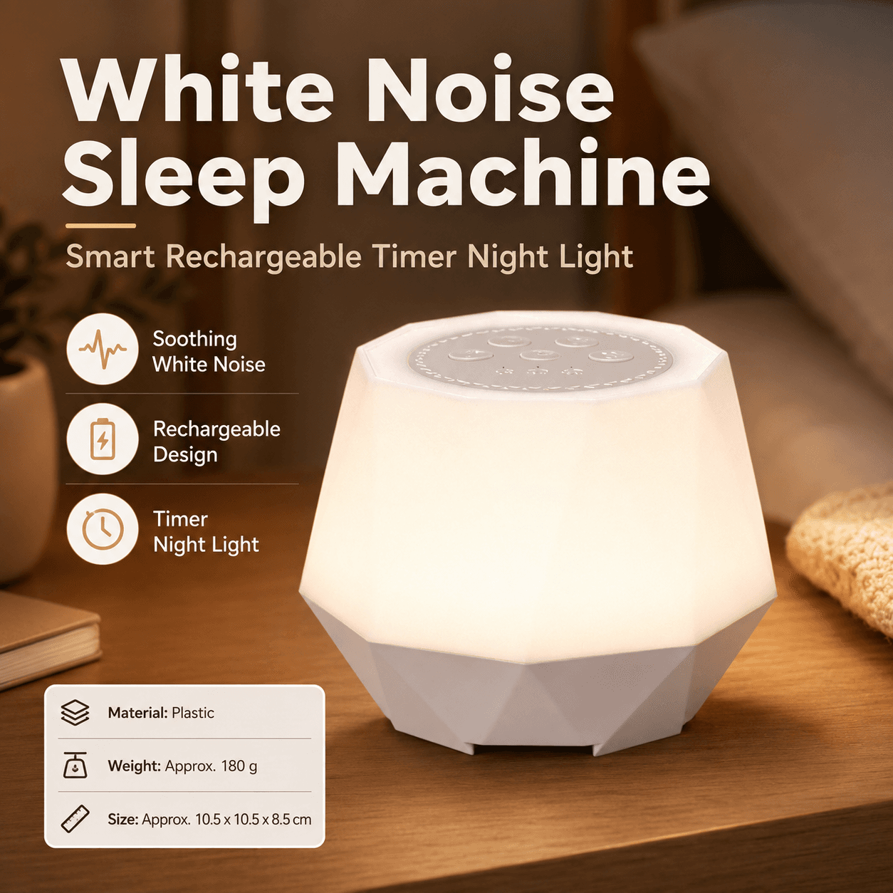 White Noise Sleep Aid Night Light - 7 Colour RGB Mood Lamp with Timer