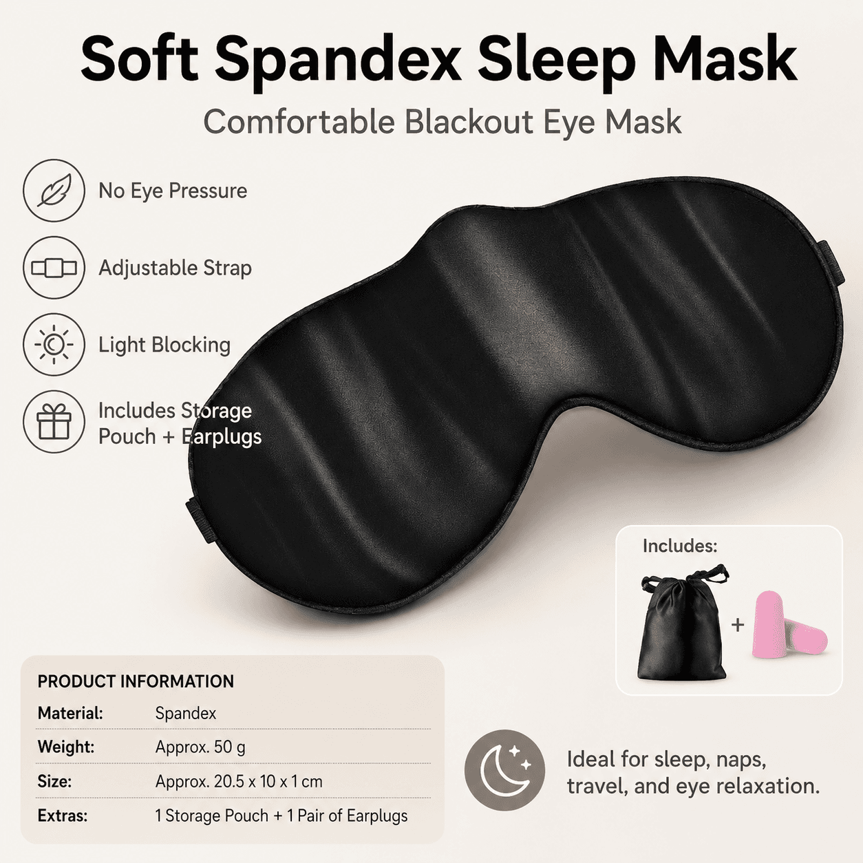 Black Spandex Sleep Eye Mask - 360 Degree Blackout, Zero Pressure Fit