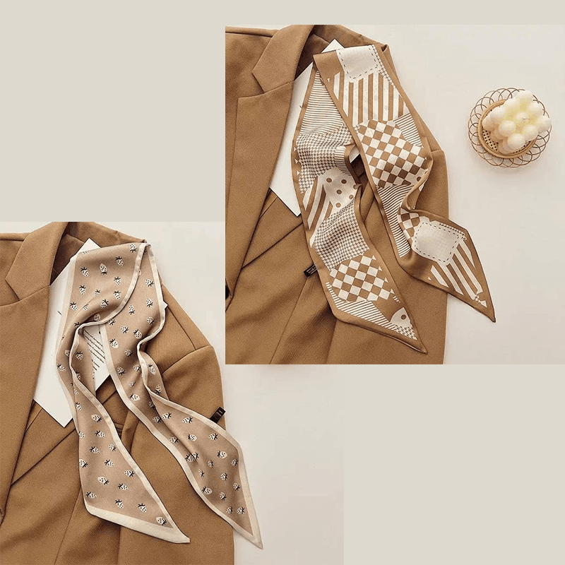 2-piece Coffee Geometry and Strawberry French Style Long Silk Scarf - Coffee