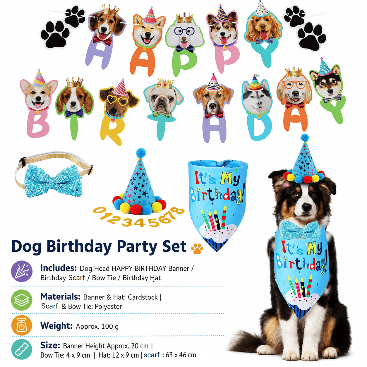Blue Dog Birthday Party Decoration Set - Puppy Themed Banner, Adjustable