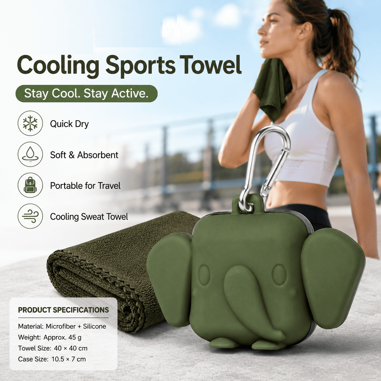 Green Portable Quick Dry Towel with Elephant Storage Box - Microfiber