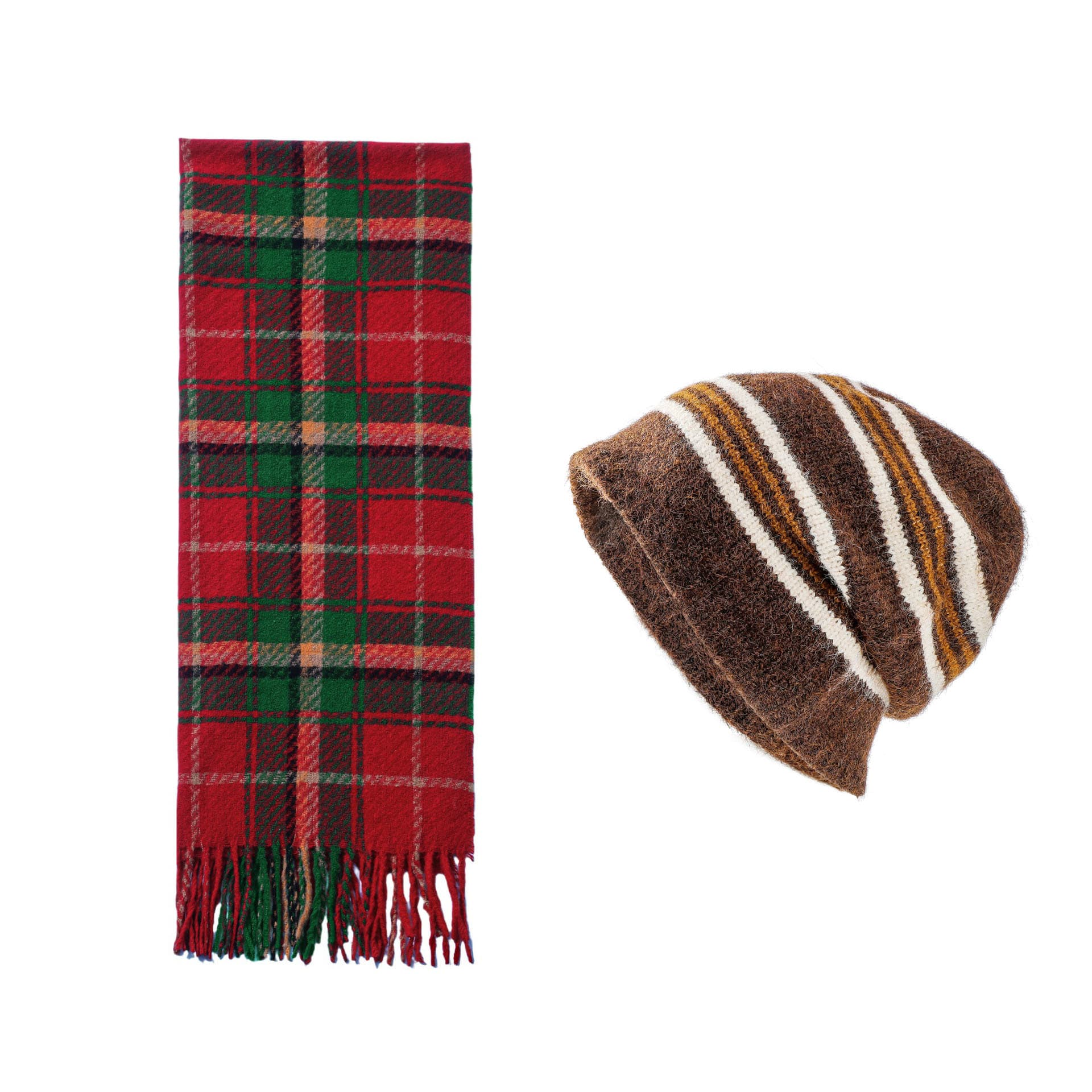 Brown + Red Striped Wool-Blend Beanie & Plaid Fringed Scarf Set - Brown Red