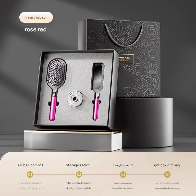 Rose Red 3-Piece Gift Box Set ABS Hair Care Gift Set with Cushion Paddle