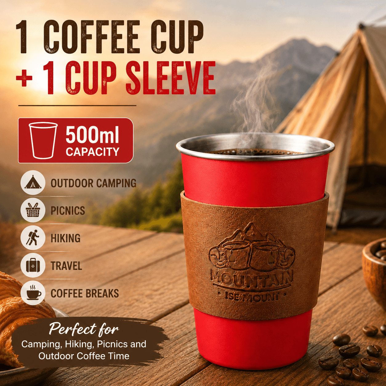 Red 304 Stainless Steel Camping Coffee Cup with Leather Sleeve - 500 ml