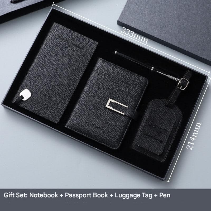 Black Travel Passport Holder and Notebook Gift Set with Luggage Tag & Metal