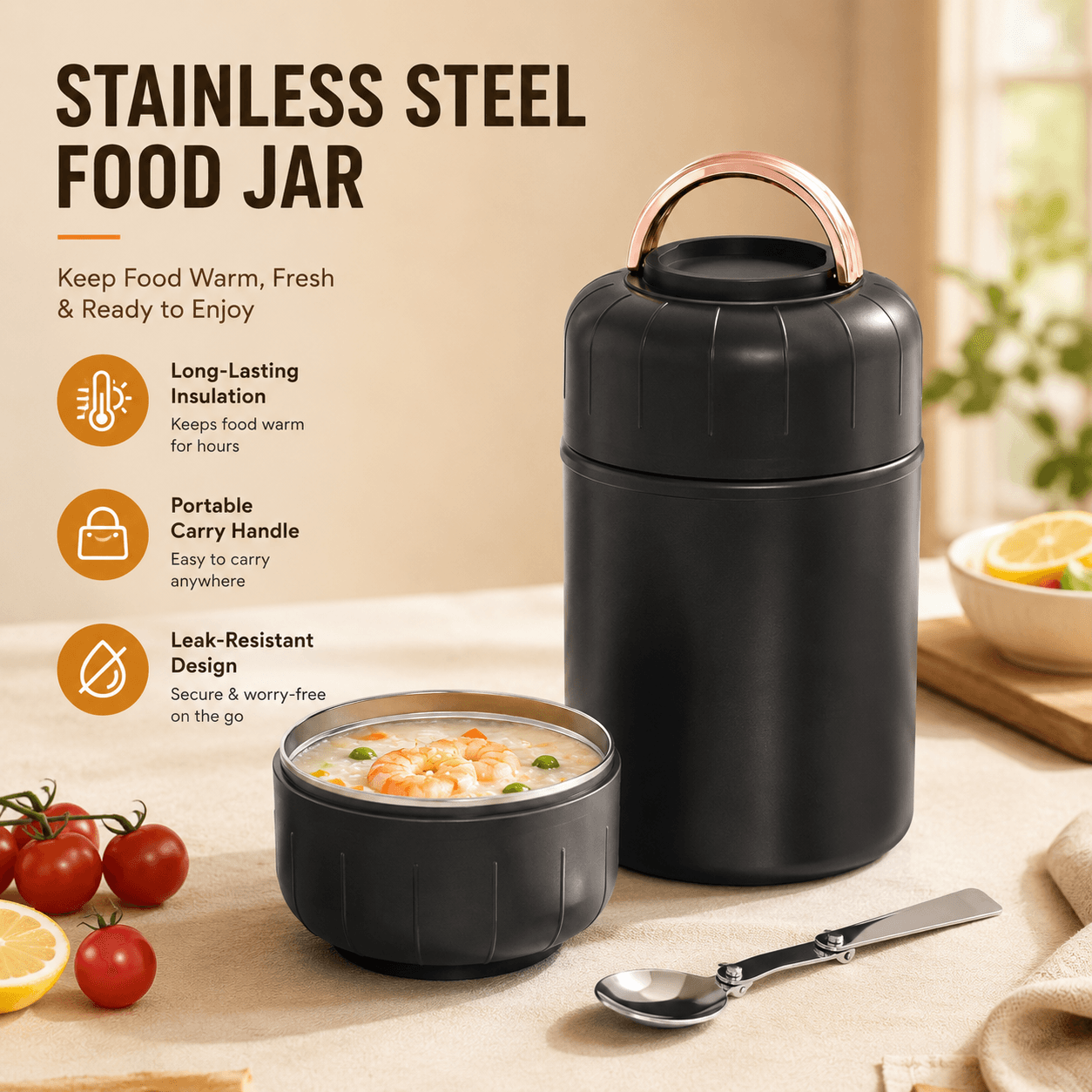 Black 850 ml Thermal Food Jar with Spoon Portable Insulated Lunch Container