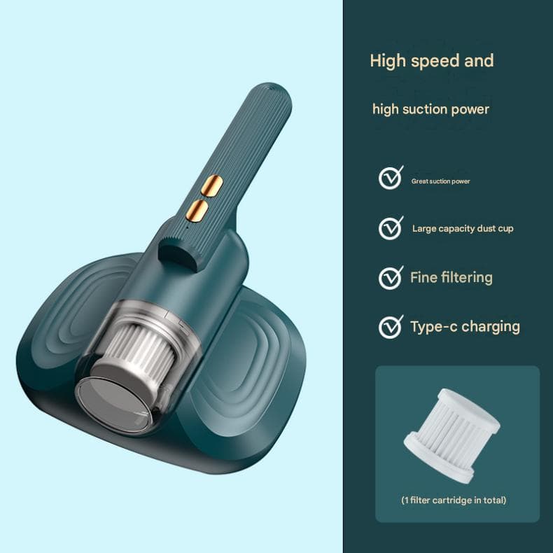 Green Cordless Handheld Mite Removal Vacuum - 10KPA Suction, UV Blue Light